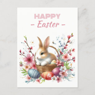 Carte Postale Oeufs de Pâques Aquarelle Rabbit Fleurs de cerisie
