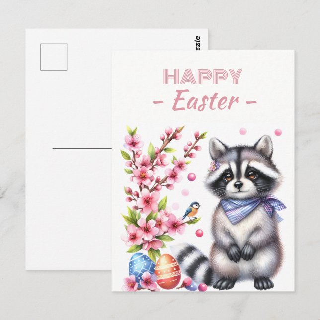 Carte Postale Oeufs de Pâques Aquarelle Raccoon Fleurs de cerisi (Devant / Derrière)
