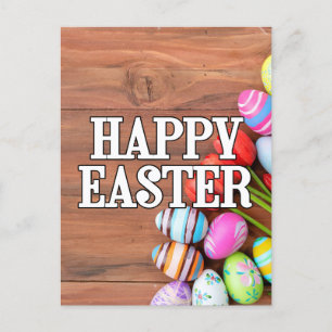 Carte Postale Oeufs de Pâques colorés et fleurs de tulipes