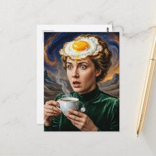 Carte Postale Œufs de petit déjeuner surréaliste et femme café d