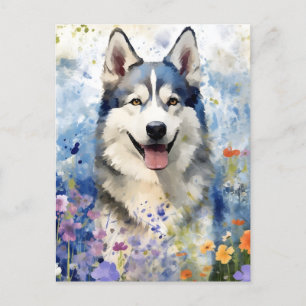 Carte Postale Œuvre d'art aquarelle colorée Husky