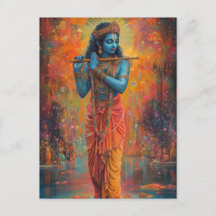Carte Postale Œuvre d'art Orange Bleu représentant Lord Krishna 