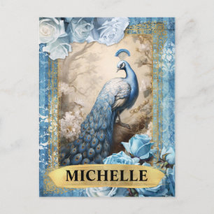 Carte Postale Œuvre d'art Paon Bleu avec filigrane doré et roses