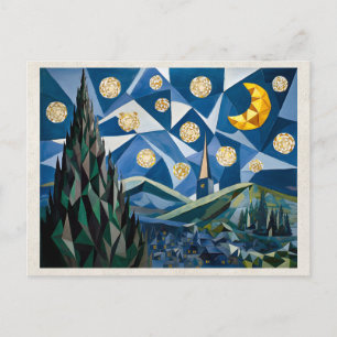 Carte Postale Œuvre d'art remixée par l'IA Cubisme Paysage noctu