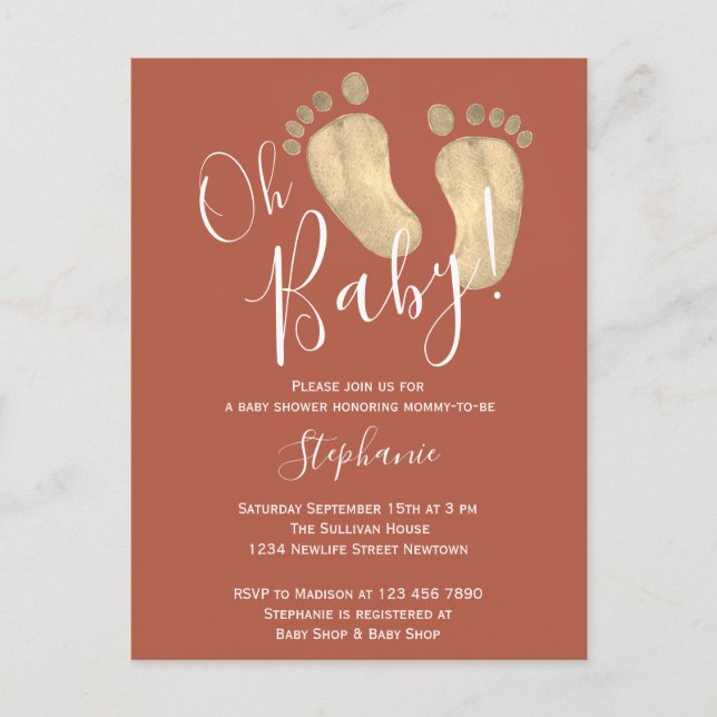 Carte Postale Oh Baby Terracotta Baby shower Postcard Invitation (Devant)