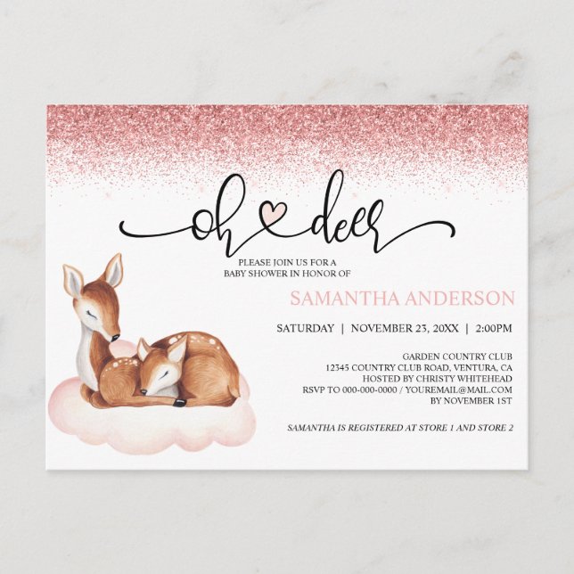 Carte Postale Oh Deer Baby shower Aquarelle rose Parties scintil (Devant)