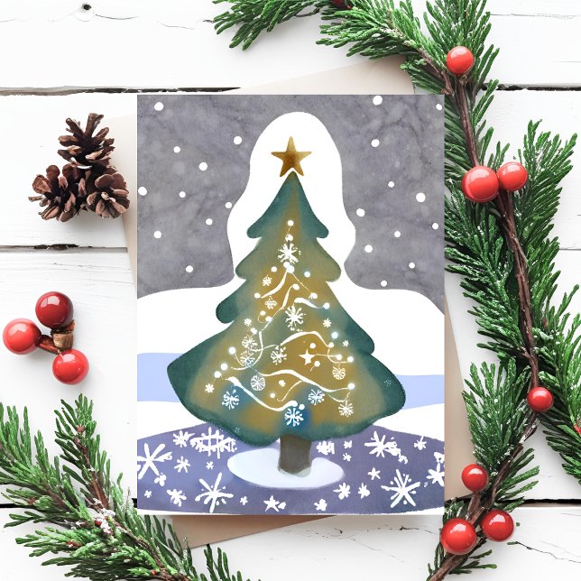 Carte Postale Oh sapin de Noël | Aquarelle Peinture hivernale (Créateur téléchargé)