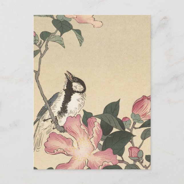 Carte Postale Ohara Koson, Oiseaux et Fleurs roses - Japonais (Devant)