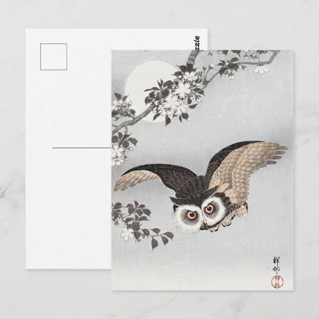 Carte Postale Ohara Koson Scops Owl Cherry Blossoms & Moon (Devant / Derrière)