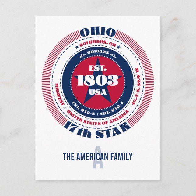 Carte Postale Ohio, Columbus, OH, Patriotique, Monogramme (Devant)