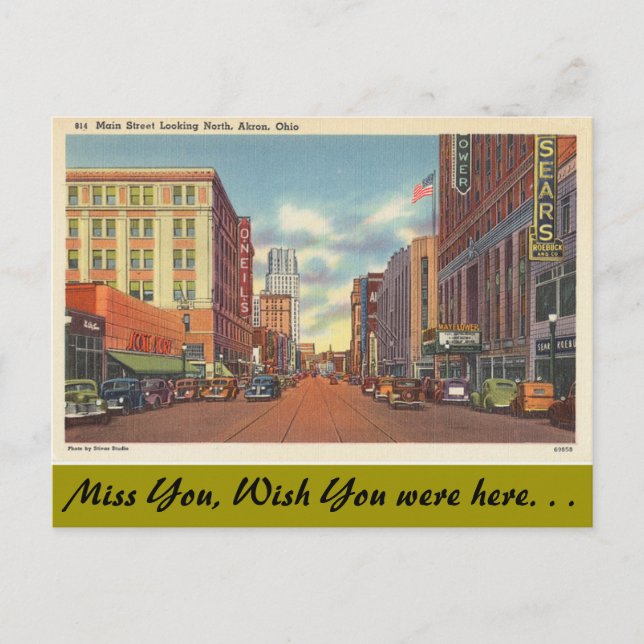 Carte Postale Ohio, rue principale, Akron (Devant)