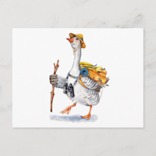 Carte Postale Oie randonnée avec sac à dos et jumelles