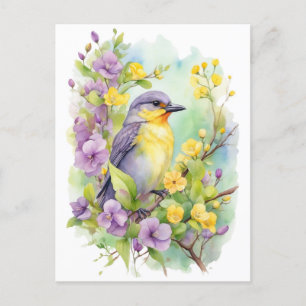 Carte Postale Oiseau à l'aquarelle avec fleurs violettes et jaun
