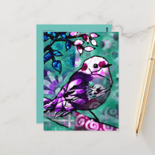 Carte Postale Oiseau Abstrait blanc Floral Turquoise pourpre