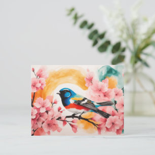Carte Postale Oiseau Aquarelle En Fleurs De Cerisiers Au Printem