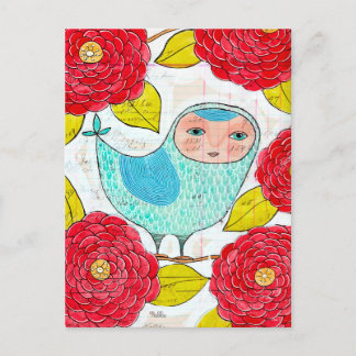 Carte Postale Oiseau bleu dans le jardin de printemps rouge Arti