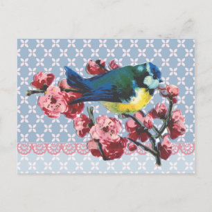 Carte Postale Oiseau bleu et fleurs de cerisiers