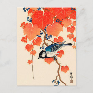 Carte Postale Oiseau bleu japonais vintage et vigne de raisin d'