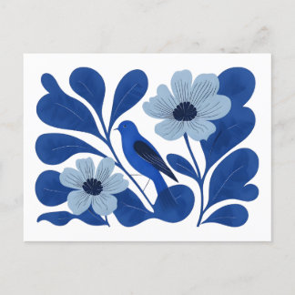 Carte Postale Oiseau Bleu Moderne et Illustration Florale – Abst