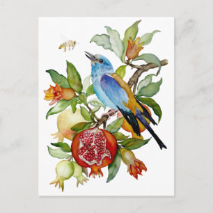 Carte Postale Oiseau bleu parmi les grenades Botanique à l'aquar