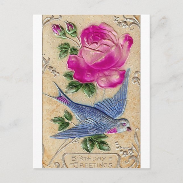 Carte Postale Oiseau Bleu Rose Rose (Devant)