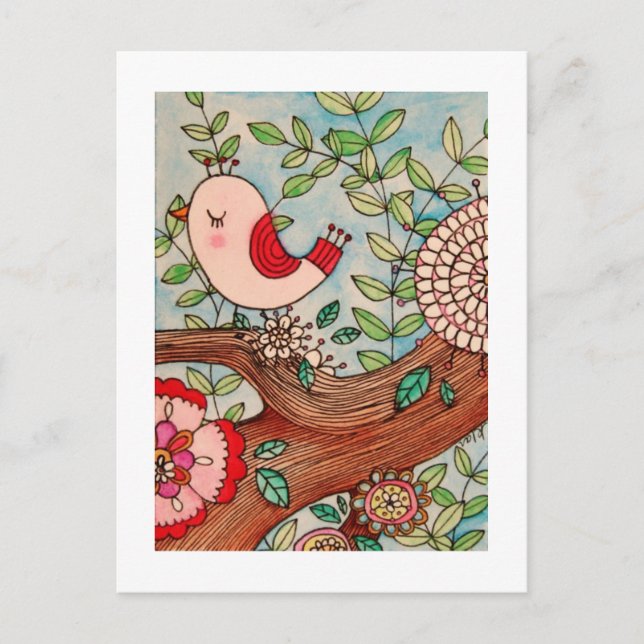 Carte Postale Oiseau, branche et fleurs rétro (Devant)