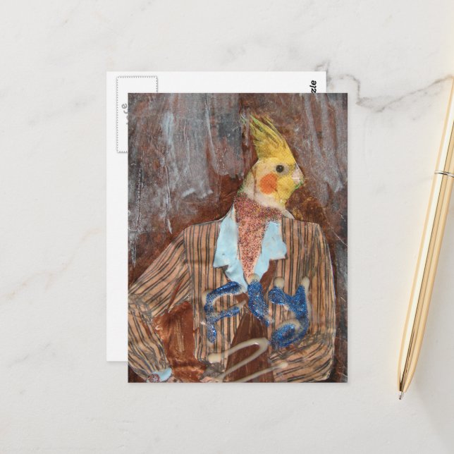 Carte Postale Oiseau calopsitte aux ailes déployées en technique (Devant/Arrière en situation)