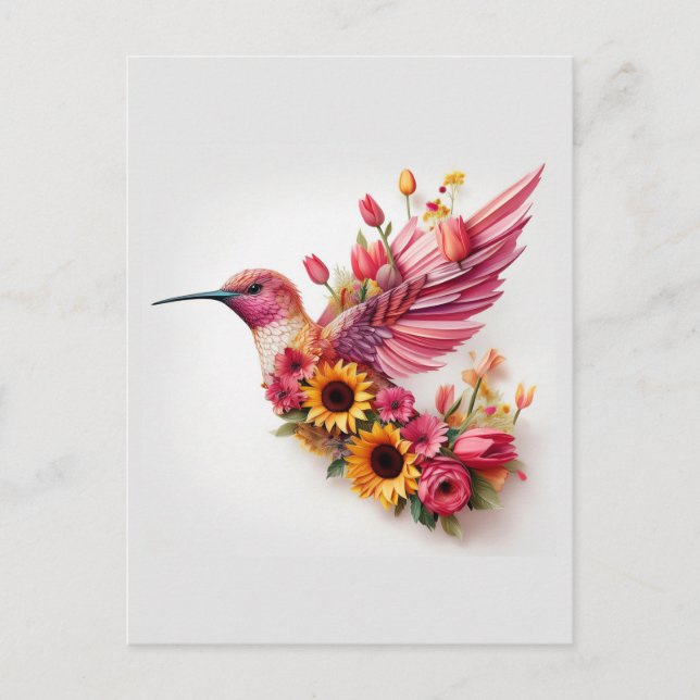 Carte Postale Oiseau colibré volant avec des fleurs (Devant)