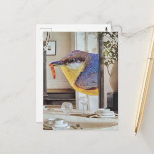 Carte Postale oiseau dans la salle à manger collage surréaliste