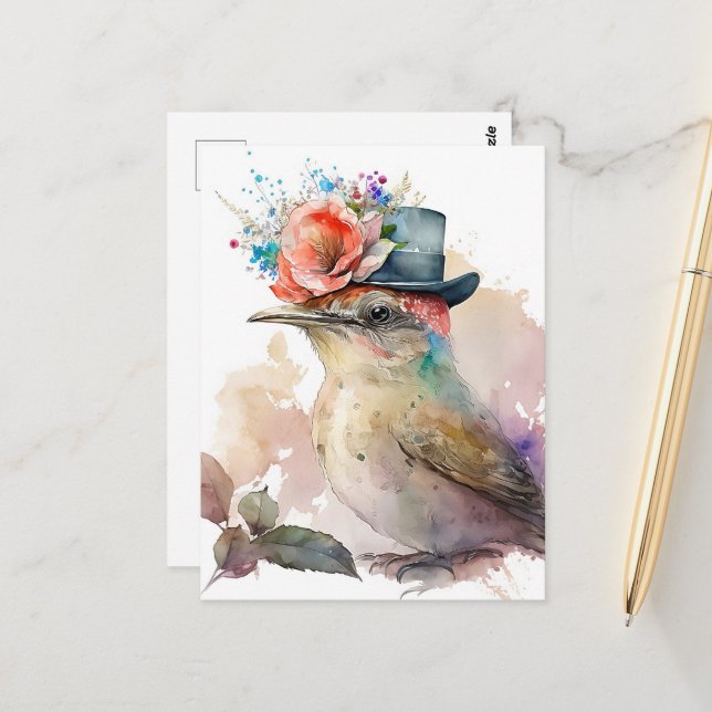 Carte Postale Oiseau dans un Casquette fantaisiste avec Aquarell (Devant/Arrière en situation)