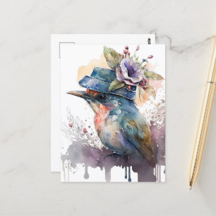 Carte Postale Oiseau dans une aquarelle Casquette fantaisie
