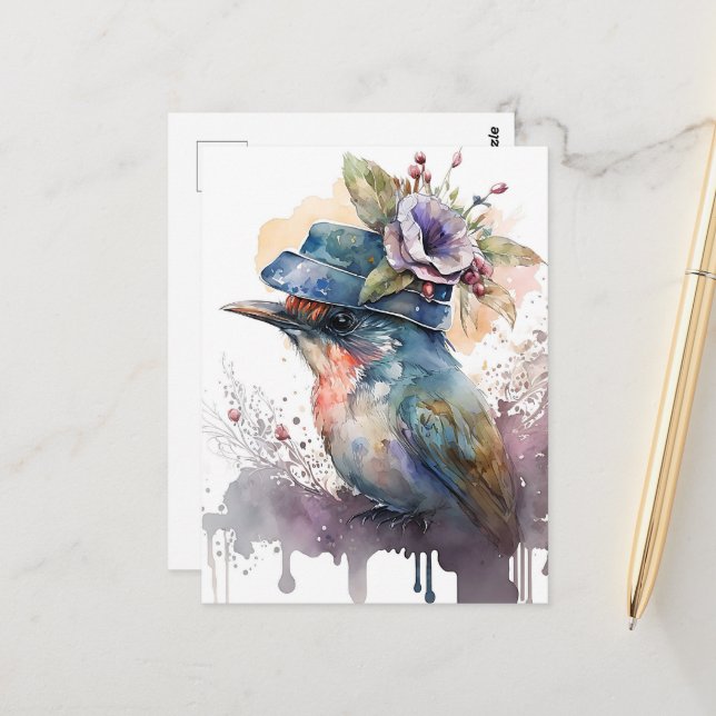 Carte Postale Oiseau dans une aquarelle Casquette fantaisie (Devant/Arrière en situation)