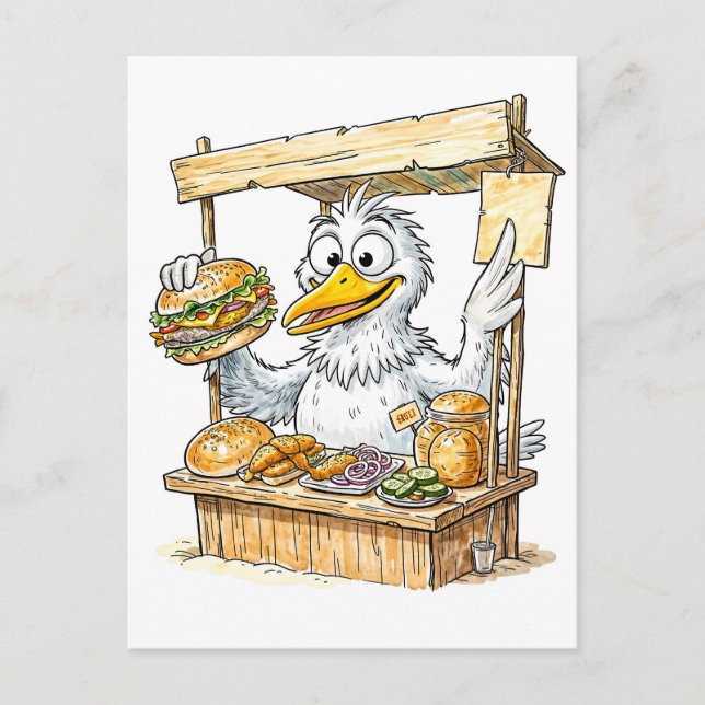 Carte Postale Oiseau de bande dessinée au stand de poisson (Devant)
