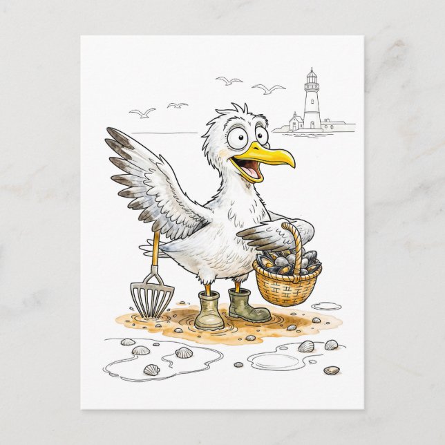 Carte Postale Oiseau de bande dessinée collectant des coquillage (Devant)