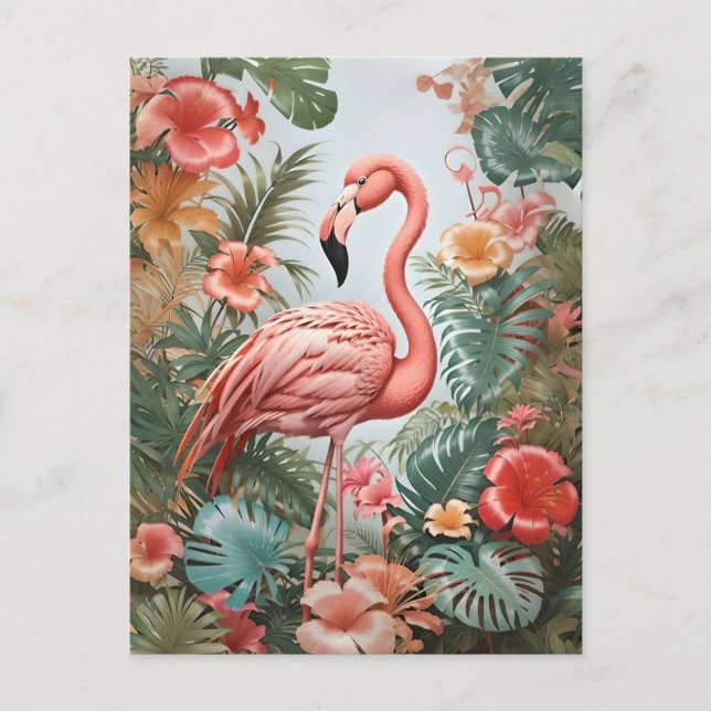 Carte Postale Oiseau de Flamant rose rose élégant et fleurs trop (Devant)