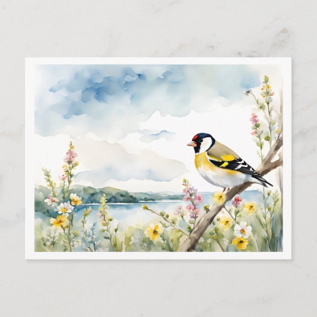 Carte Postale Oiseau de Goldfinch au bord du lac, Fleurs sauvage (Devant)