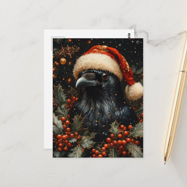 Carte Postale Oiseau de Noël noir festif (Devant/Arrière en situation)