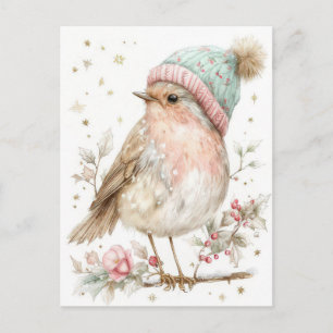 Carte Postale Oiseau de Noël pastel festif et élégant