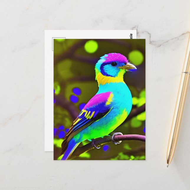 Carte Postale Oiseau d'Imaginaire coloré (Devant/Arrière en situation)