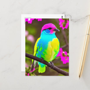 Carte Postale Oiseau d'Imaginaire coloré sur une branche avec fl