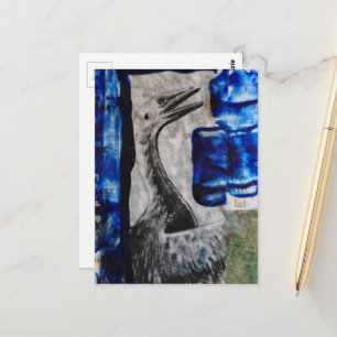 Carte Postale Oiseau Dinosaure avec Peinture Bleue Collage en Te
