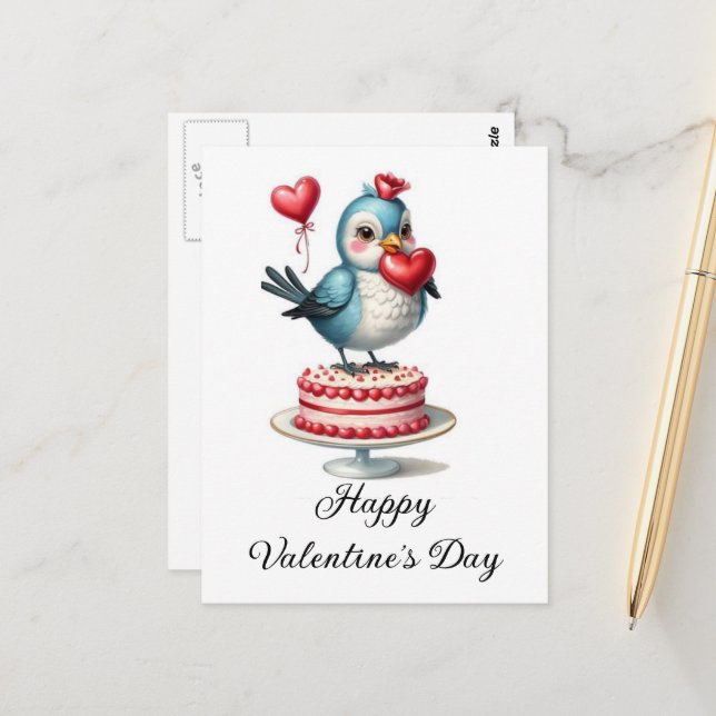 Carte Postale Oiseau drôle de la Saint-Valentin sur un gâteau (Devant/Arrière en situation)