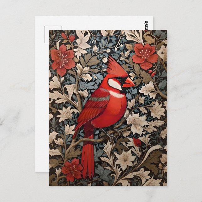 Carte Postale Oiseau du Cardinal du Nord William Morris Inspiré (Devant / Derrière)