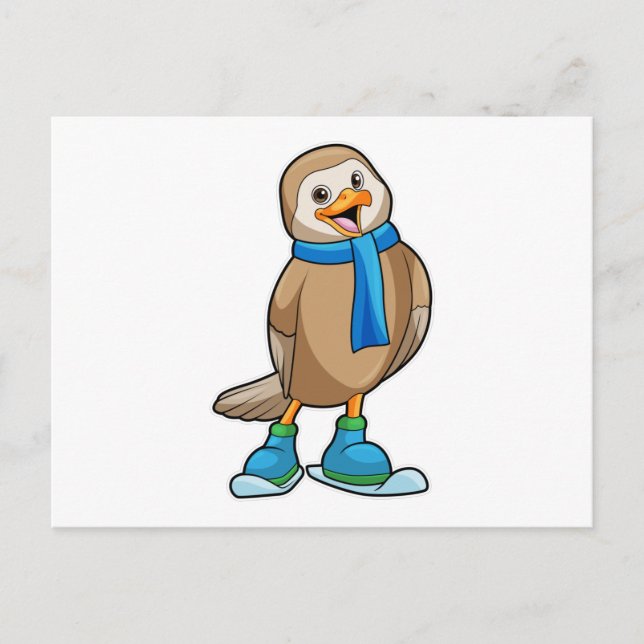 Carte Postale Oiseau en skieur avec ski et écharpe (Devant)