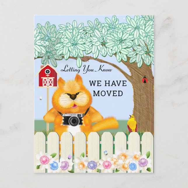 Carte Postale Oiseau et chat dans le jardin | Changement d'adres (Devant)