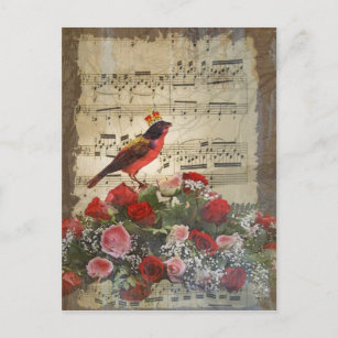 Carte Postale Oiseau et feuille de musique rouges mignons de cru