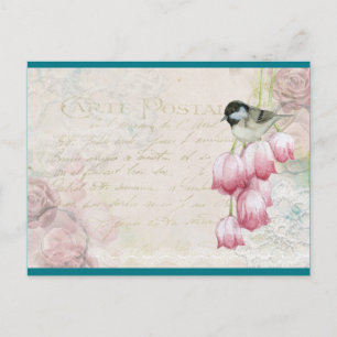 Carte Postale Oiseau et fleurs avec écriture manuscrite Shabby V