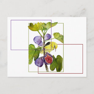 Carte Postale Oiseau jaune vibrant avec figs violettes aquarelle