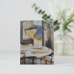 Carte Postale oiseau mignon dans la salle à manger art de collag