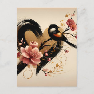 Carte Postale Oiseau Noir et Cœur de Fleur de Cerisier